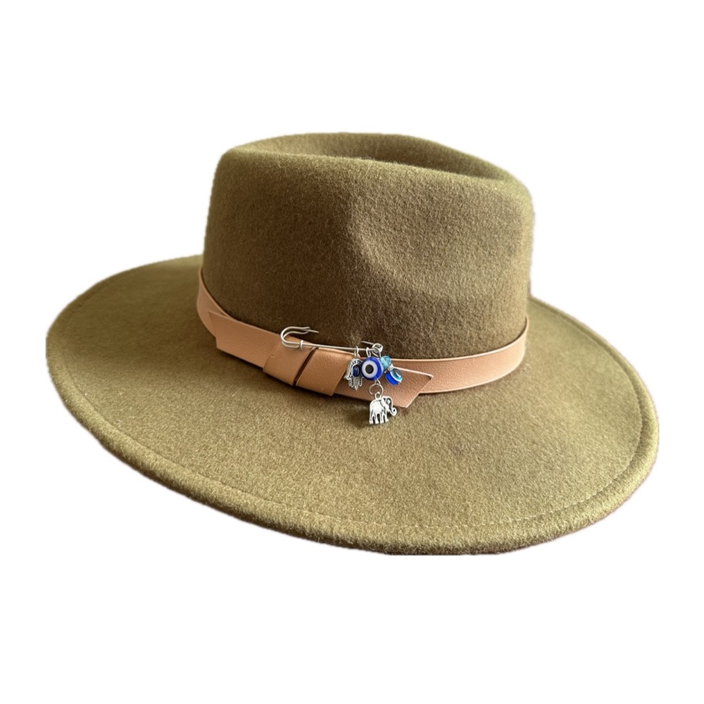 Brown/Green Wool Fedora Hat w/Non-Leather Strap & Safety Pin Detail